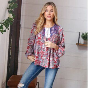 SUGAR FOX Blue/Rust Boho Eyelet Lace Up Babydoll Blouse SMALL